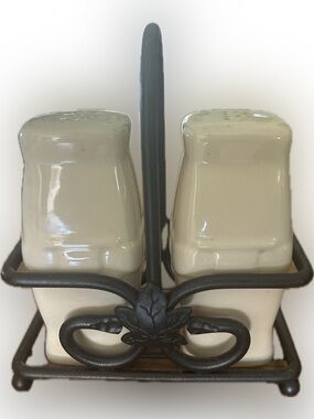 Longaberger Ceramic Salt and Pepper Shakers with Black Metal Holder